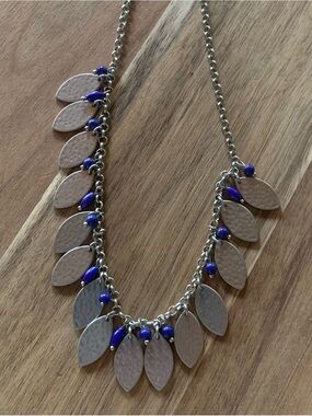 Boho Silver Blue Bead Leaf Charm Statement Necklace Adjustable Chain
